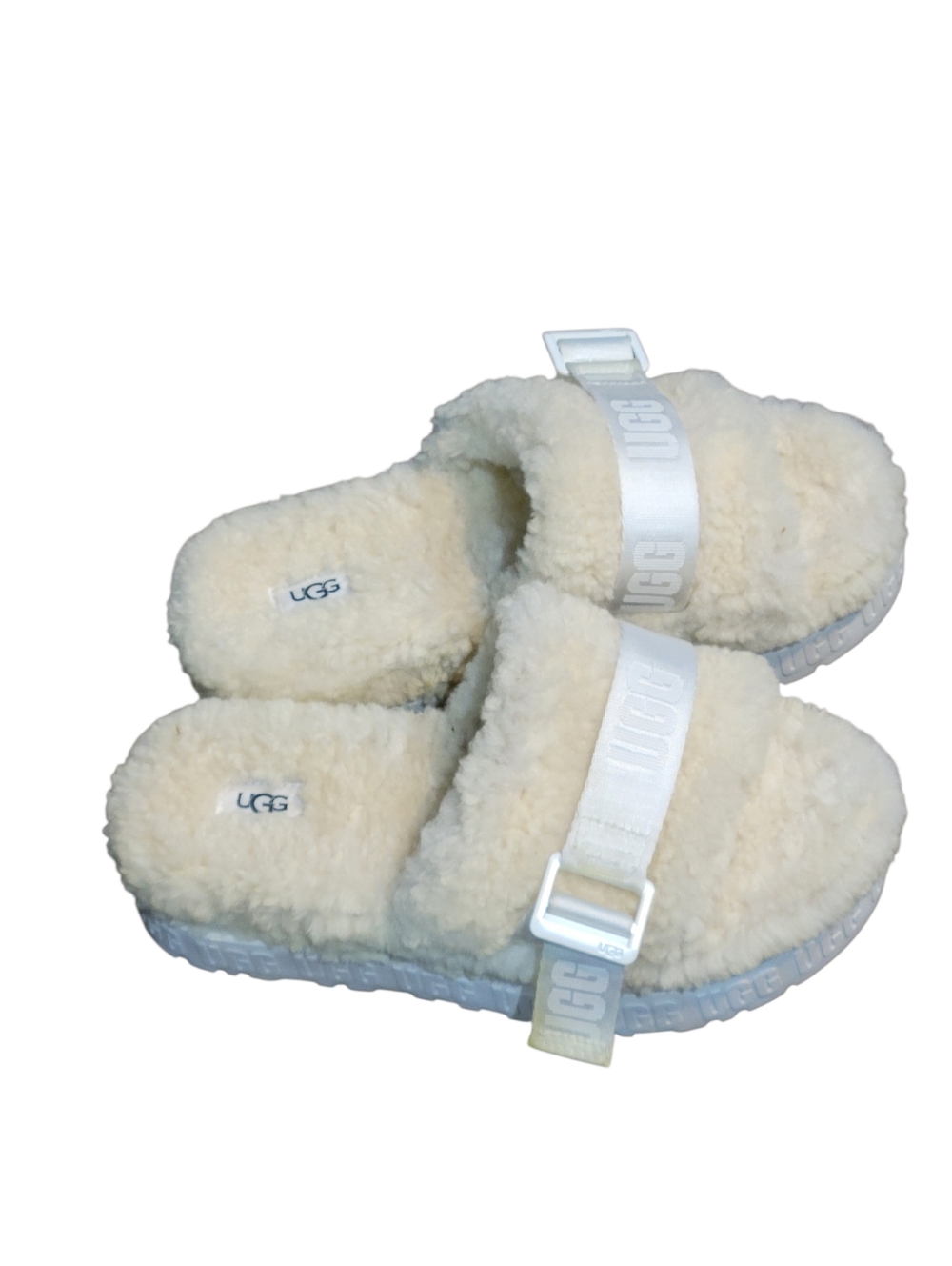 UGG Fluffita Slide Slippers Platform White Sheepskin 1113475 Logo Size US 8